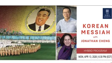 Photo of Jonathan Cheng and Barbara Demick alongside a photo of North Korean leader Kim Il Sung